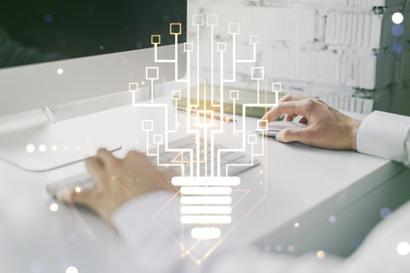 Creative light bulb with chip hologram and hands typing on computer keyboard on background, artificial Intelligence and neural networks concept. Multiexposureの写真素材