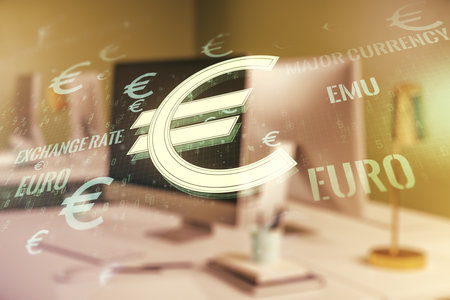 Creative EURO USD symbols illustration on modern computer background, forex and currency concept. Multiexposureの写真素材