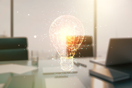 Creative light bulb illustration and modern desktop with pc on background, future technology...