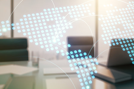 Abstract creative world map with connections and modern desktop with computer on background, international trading concept. Multiexposureの写真素材