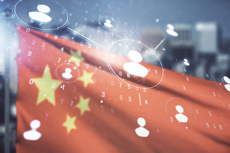 Abstract virtual social network concept on Chinese flag and skyline background. Multiexposureの写真素材