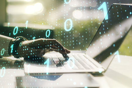Creative abstract binary code sketch and hands typing on computer keyboard on background, hacking...