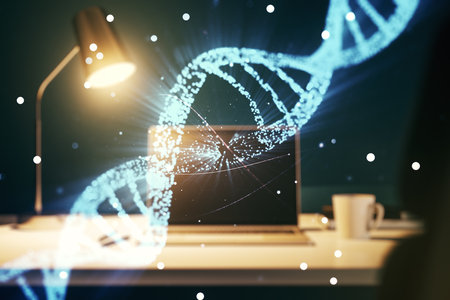 Creative DNA sketch on modern laptop background, biotechnology and genetic concept. Multiexposureの写真素材