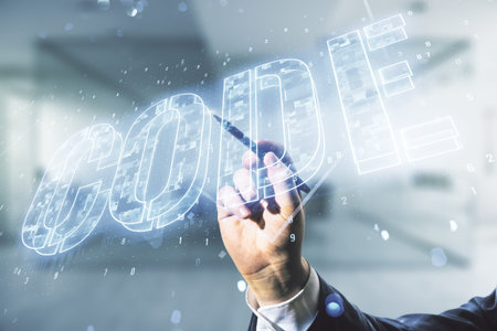 Man hand with pen writes Code word hologram on blurred office background, artificial intelligence...