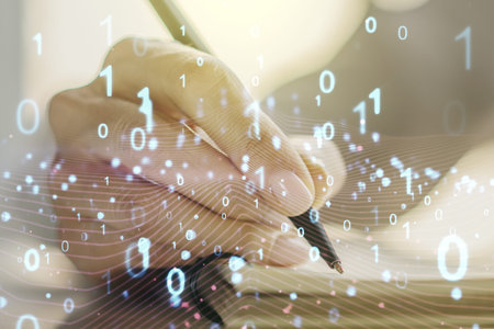 Creative abstract binary code hologram and woman hand writing in diary on background, AI and machine...