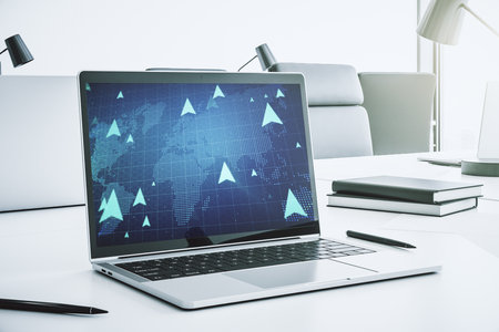 Creative abstract GPS locator sketch with world map on modern computer monitor, monitoring and tracking concept. 3D Renderingの写真素材