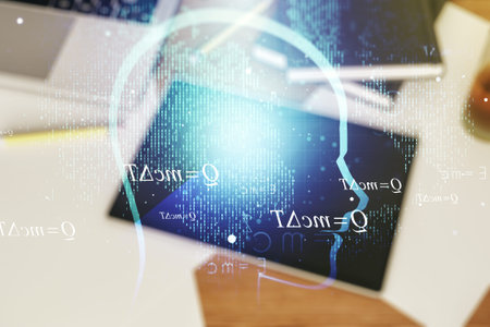 Creative artificial Intelligence concept with human head sketch and modern digital tablet on desktop...