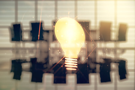 Double exposure of creative light bulb hologram on a modern meeting room background, research and development conceptの写真素材