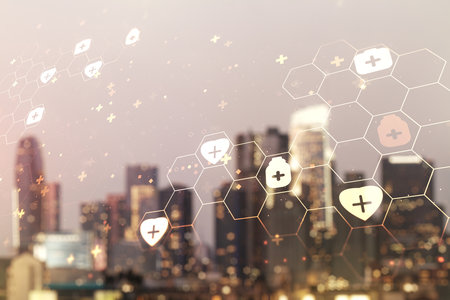 Abstract virtual medical sketch on blurry office buildings background. Medicine and healthcare concept. Multiexposureの写真素材