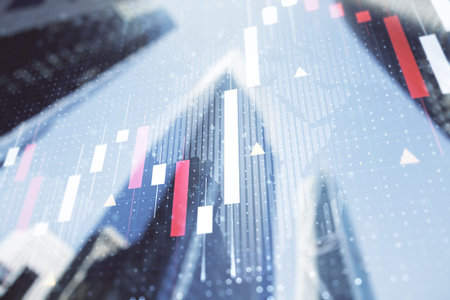 Double exposure of abstract financial chart with world map on office buildings background, research...