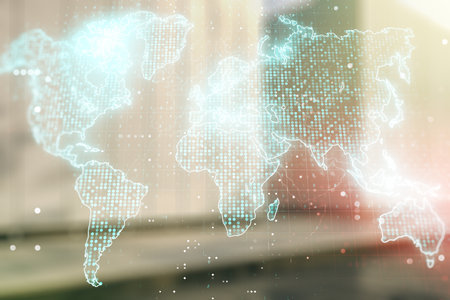 Multi exposure of abstract creative digital world map hologram on modern business center exterior background, research and analytics conceptの写真素材