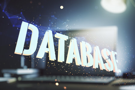 Double exposure of creative Database word hologram on laptop background, research and development conceptの写真素材