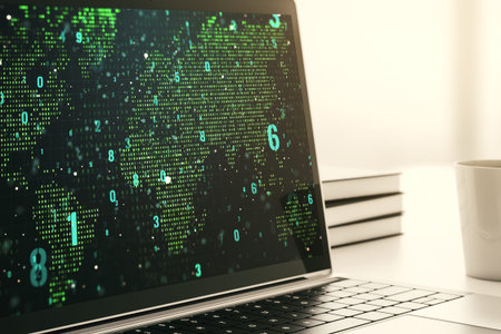 Modern computer display with abstract programming language hologram and world map, artificial...