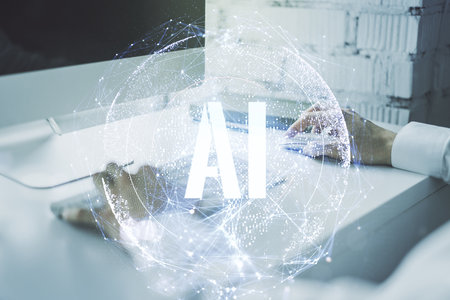 Creative artificial Intelligence symbol concept with hands typing on computer keyboard on background. Double exposureの写真素材