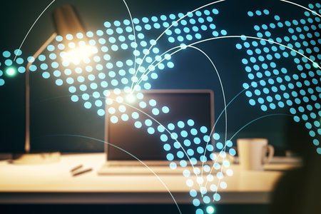 Abstract creative world map with connections on modern laptop background, international trading concept. Multiexposureの写真素材