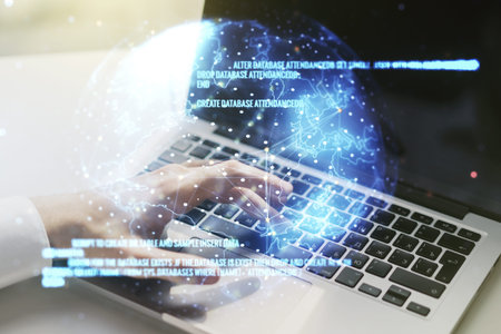 Abstract creative coding illustration with world map and hands typing on laptop on background,...