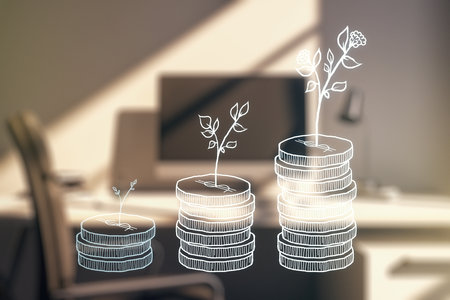 Double exposure of cash savings hologram and modern desktop with laptop on background. Development and achievement of goals conceptの写真素材