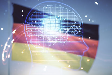 Double exposure of creative human head microcircuit hologram on flag of Germany and blue sky background. Future technology and AI conceptの写真素材