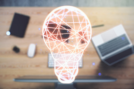 Creative idea concept with light bulb illustration on modern laptop background. Multiexposureの写真素材