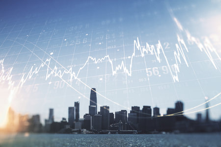 Multi exposure of virtual creative financial chart hologram on San Francisco skyscrapers background, research and analytics conceptの写真素材