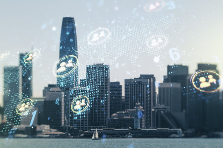 Double exposure of social network icons hologram and world map on San Francisco city skyscrapers background. Marketing and promotion conceptの写真素材