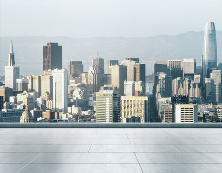 Empty concrete rooftop on the background of a beautiful San Francisco city skyline at daytime, mock upの写真素材