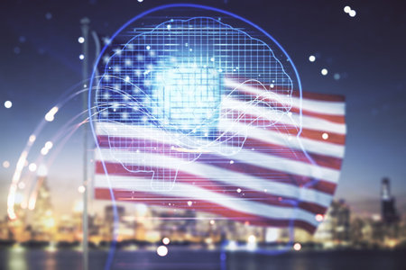 Double exposure of creative human head microcircuit hologram on US flag and skyline background. Future technology and AI conceptの写真素材