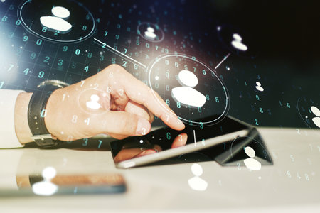 Social network media concept with finger presses on a digital tablet on background. Double exposureの写真素材