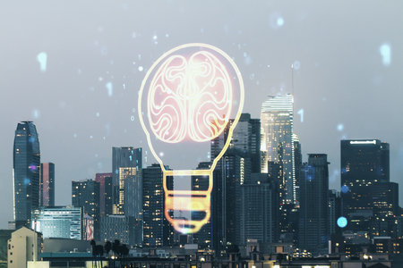 Double exposure of abstract virtual creative light bulb hologram with human brain on Los Angeles city skyscrapers background, idea and brainstorming conceptの写真素材