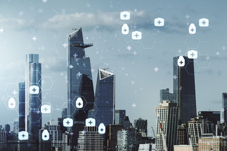 Abstract virtual medical illustration on New York city skyline background. Medicine and healthcare concept. Multiexposureの写真素材