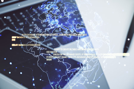 Double exposure of abstract creative programming illustration with world map on computer background, big data and blockchain conceptの写真素材