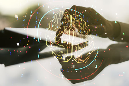 Double exposure of creative human brain microcircuit and hand working with a digital tablet on background. Future technology and AI conceptの写真素材