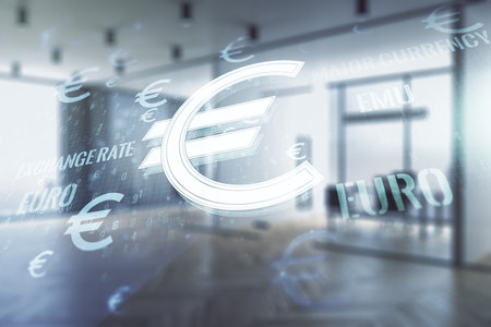 Virtual EURO symbols illustration on a modern furnished classroom background, forex and currency concept. Multiexposureの写真素材