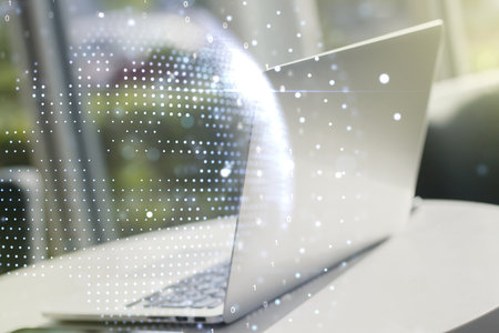 Multi exposure of abstract creative digital world map on laptop background, research and analytics conceptの写真素材
