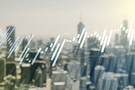 Double exposure of abstract creative financial chart hologram on blurry cityscape background, research and strategy conceptの写真素材