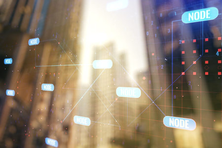 Multi exposure of abstract creative coding sketch on office buildings background, artificial...