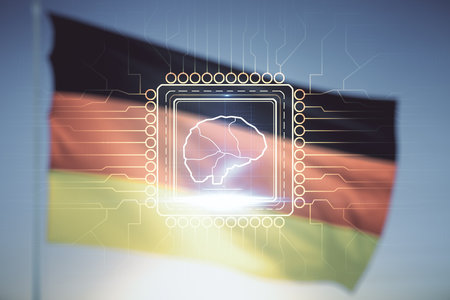 Virtual creative artificial Intelligence hologram with human brain sketch on flag of Germany and sunset sky background. Multiexposureの写真素材