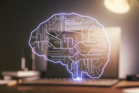 Double exposure of creative artificial Intelligence symbol with modern laptop on background. Neural networks and machine learning conceptの写真素材