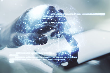 Multi exposure of abstract software development hologram with world map and finger presses on a...