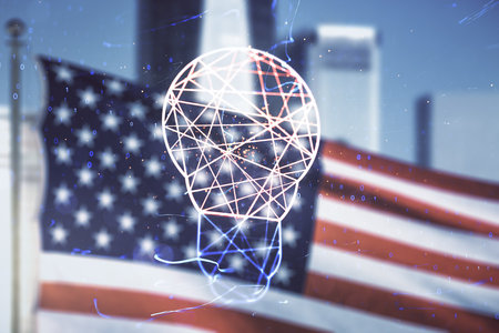 Abstract virtual light bulb hologram on US flag and city background, idea concept. Multiexposureの写真素材