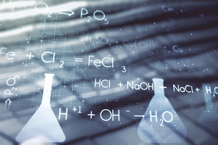 Double exposure of abstract virtual chemistry hologram on blurry metal background, research and development conceptの写真素材