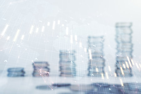 Multi exposure of virtual abstract financial chart hologram and world map on growing stacks of coins background, research and analytics conceptの写真素材