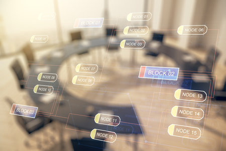 Double exposure of abstract programming language interface on a modern meeting room background, research and development conceptの写真素材