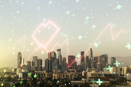 Abstract virtual heart rate sketch on Los Angeles office buildings background, Medicine and...