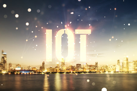 Abstract virtual IOT hologram on Chicago skyline background. Multiexposureの写真素材