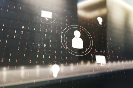 Double exposure of social network icons hologram on contemporary business center exterior...