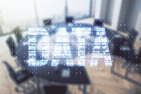 Virtual Data word sign hologram on a modern conference room background. Multiexposure