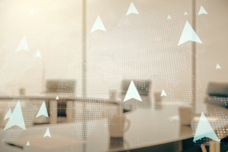 Abstract virtual geolocations map sketch on a modern boardroom background, GPS tracking and navigation concept. Double exposureの写真素材