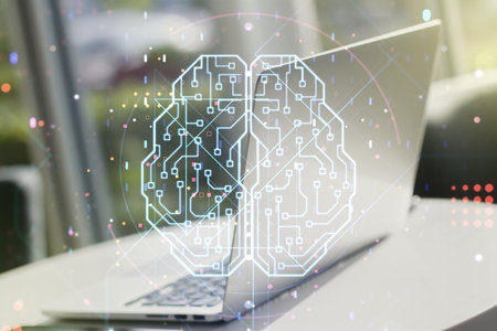 Double exposure of creative artificial Intelligence symbol with modern laptop on background. Neural networks and machine learning conceptの写真素材