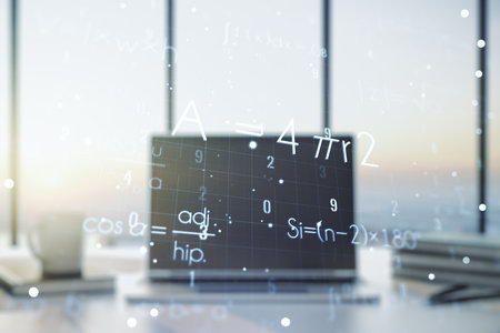 Creative scientific formula illustration on modern computer background, science and research concept. Multiexposureの写真素材
